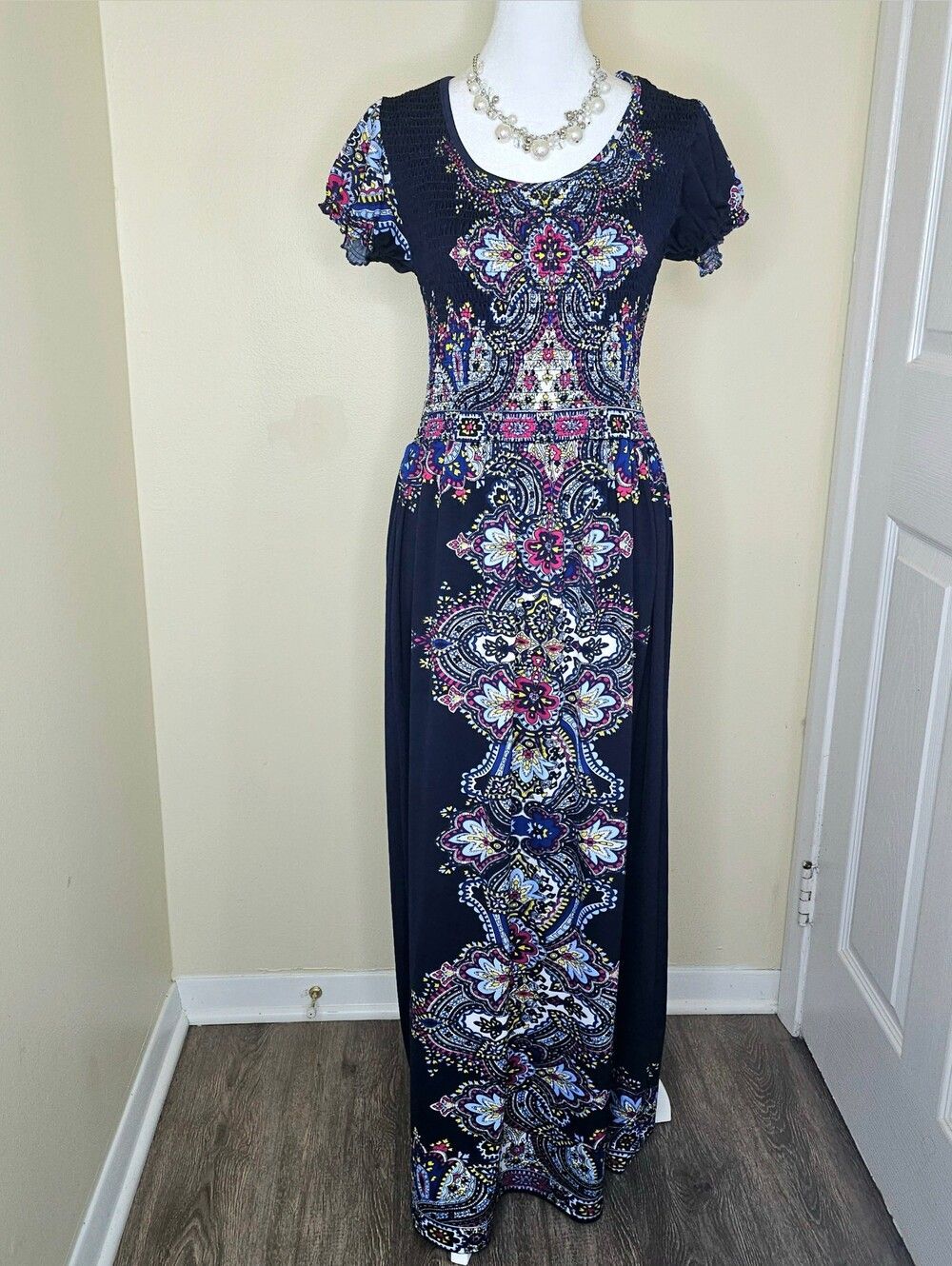 Smocked Paisley Floral Maxi Dress Puff Sleeve Navy Boho Cottagecore Medium